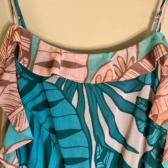 FARM Rio Ruffled Botanical Maxi Dress Contrasting Leaf Print Teal Pink Size LP - Picture 8 of 13